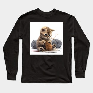 Cute kitten playing with yarn, Expressive Art Sticker Long Sleeve T-Shirt